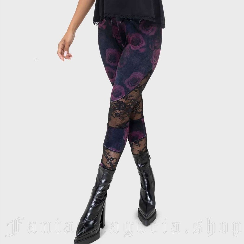 Purple Rose Lace Panel Leggings - Women's Floral Lace Trim Pants